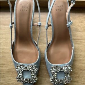 A New Day Blue and Tan Slingback Heels with Embellishments